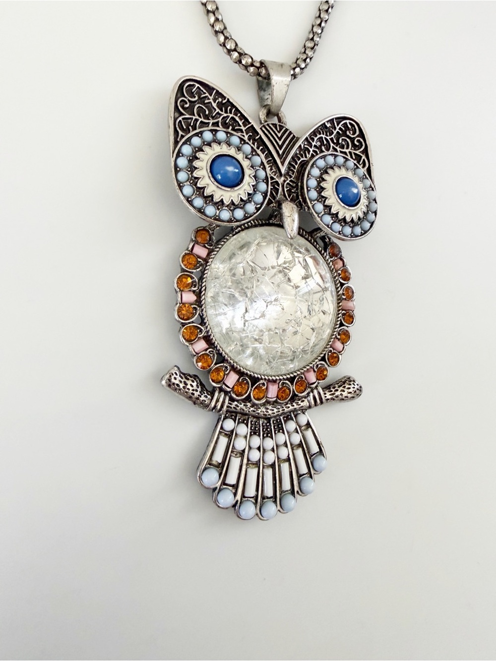 Lane Vintage Long Silver Tone Rhinestones Beaded Owl Pendant Necklace - Picture 5 of 12